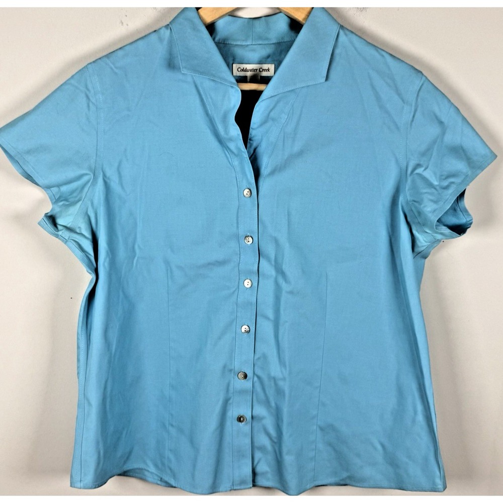 Coldwater Creek Shirt Top Women Petite L Collared Button Up Blue Short Sleeve